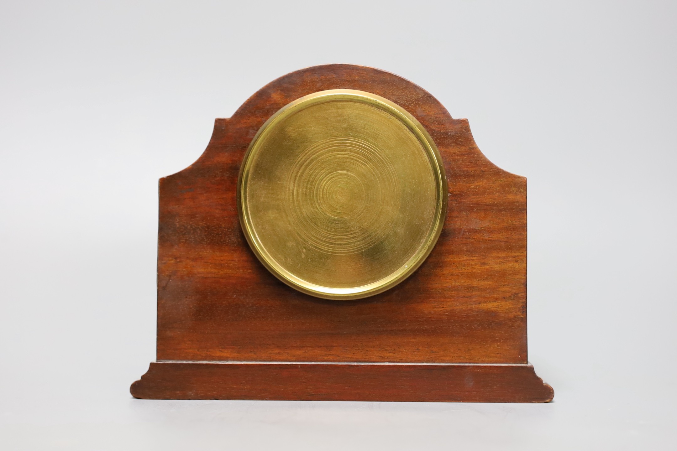 A Victorian walnut and marquetry tea caddy and an inlaid mahogany mantel timepiece, box 20 cms wide 13 cms high